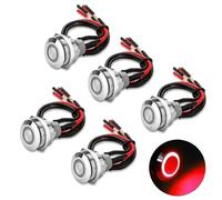 Linkstyle 5Pcs 19mm Waterproof Push Button Switch, 4 Pin Metal Self-Locking ON/OFF Switch with Pre-Wired & Red LED, for DIY Control Panels, Arduino, 12V Projects