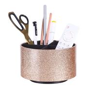 LINKWELL Revolving Desk Organizer, PU Leather 360 Degree Rotating Remote Control Holder with 4 Compartments, Office Supply Organizer for Pen, Pencil, Stationary, Bling Champagne PH101