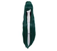 LINLINCD - Anime Coser Sailor Moon Sailor Pluto Meiou Setsuna Cosplay Wigs 100 cm Long Dark Green Heat Resistant Synthetic Hair Wig + Wig Cap + One Bun