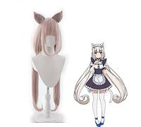 LINLINCD - Anime Nekopara Vanilla Cosplay Wig Cat Ears Long Pink Wig Heat Resistant Fibre Hair with Wig Cap Halloween Party Grils Women