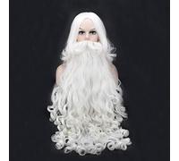 LINLINCD Biamoxer Adult Cosplay Wig Beard Santa Claus White Curly Long Synthetic Hair Wig and Beard