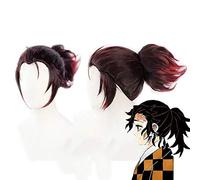 LINLINCD Cosplay Wig Anime Demon Slayer Kimetsu No Yaiba Tanjiro Kamado Wig Cosplay Costume Short Chestnut Hair Wig with Horsetail Tanjirou Kamado