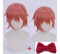 LINLINCD Cosplay Wig Anime Doki Doki Literature Club Sayori Short Pink Red Heat Resistant Hair Cosplay Costume Wigs + Bow Hairpin Wig and Bow