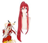 LINLINCD Cosplay Wig Anime Fairy Tail Erza Scarlet Red Cosplay Wig Long Deep Red Synthetic Hair for Halloween Costume Wigs + 1 Ponytail + Wig Cap