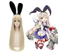 LINLINCD Cosplay Wig Anime Kantai Collection Shimakaze Cosplay Wigs 100 cm Long Gold Heat Resistant Fibre Hairpiece Halloween Party Costume Wig