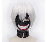 LINLINCD Cosplay Wig Anime Tokyo Ghul Kaneki Ken Cosplay Wig Short Straight Silver Grey Heat Resistant Synthetic Hair Wigs + Mask Wig and Mask