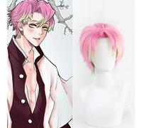 LINLINCD Cosplay Wig Demon Slayer Kanroji Mitsuri Cosplay Wig Kimetsu No Yaiba Costume Short Pink Mixed Green Synthetic Hair for Men + Free Wig Cap