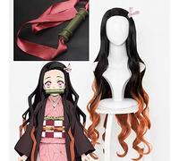 LINLINCD Cosplay Wig Demon Slayer Kimetsu no Yaiba Kamado Nezuko Cosplay Wig Heat Resistant Synthetic Hair Wigs + Wig Cap + Bamboo Props Seal Stick Wig and Stick 2