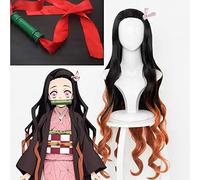 LINLINCD Cosplay Wig Demon Slayer Kimetsu no Yaiba Kamado Nezuko Cosplay Wig Heat Resistant Synthetic Hair Wigs + Wig Cap + Bamboo Props Seal Stick Wig and Stick 1