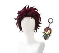 LINLINCD Cosplay Wig Demon Slayer Kimetsu no Yaiba Kamado Tanjirou Short Chestnut 28 cm Heat Resistant Cosplay Costume Wig + Wig Cap Wig with Keychain