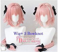 LINLINCD Cosplay Wig Game Fate Apocryph Astolfo Cosplay Wigs 80 cm Long Pink Mixed Heat Resistant Synthetic Hair Cosplay Costume Wig Wig and 3 Bowknot