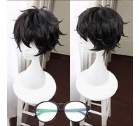 LINLINCD Cosplay Wig Game Persona 5 P5 Hero Kurusu Akira Short Black Wig Heat Resistant Hair Cosplay Costume Wigs + Free Wig Cap Wig and Glasses