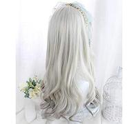 LINLINCD Cosplay Wig Gradually Cool Grey Lolita Wig Harajuku Sweet Silver Grey Long Curly Body Wave Synthetic Hair Fringe Bangs Daily Clothing Only for Adult Girls Wig