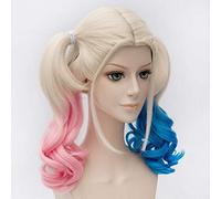 LINLINCD Cosplay Wig Harley Quinn Suicide Squad Cosplay Wig Halloween Cosplay Synthetic Wig for Women Two Ponytails Gold Hairpiece Costume Headpiece 3