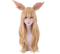 LINLINCD Cosplay Wig K/DA Ahri Women Golden Long Curly Wig with Ear Cosplay Costume KDA Heat Resistant Synthetic Hair Party Performance Wigs