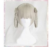 LINLINCD Cosplay Wig Kakegurui Momobami Kirari Short Green Grey Hair Heat Resistant Cosplay Costume Wig + Braided Hair + Silk Ribbon + Wig Cap Wig and Black Band