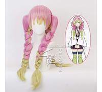 LINLINCD Cosplay Wig Kanroji Mitsuri Anime Demon Slayer Kimetsu No Yaiba Women Cosplay Wig Green Pink Colourful Hair Braids Hair + Free Wig Cap
