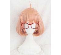 LINLINCD Cosplay Wig Kyokai No Kanata Kuriyama Mirai Cosplay Wig Short Orange Pink Heat Resistant Synthetic Hair Wigs + Red Glasses + Wig Cap Wig One Glass Free One Cap