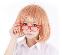 LINLINCD Cosplay Wig Kyokai No Kanata Kuriyama Mirai Short Orange Pink Synthetic Cosplay Hair Wig + Red Glasses + Wig Cap Orange