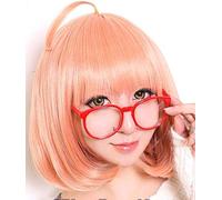 LINLINCD Cosplay Wig Kyokai No Kanata Kuriyama Mirai Short Orange Pink Synthetic Cosplay Hair Wig with Red Glasses + Wig Cap Wig with Glasses