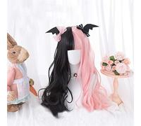 LINLINCD Cosplay Wig Lolita Wig 60 cm Long Wavy Black Mixed Pink Ombre Bangs Cute Heat Resistant Synthetic Hair Wigs + Wig Cap