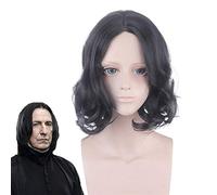 LINLINCD Cosplay Wig Movie Severus Snape Black Wig Cosplay Professor Snape Curly Wig Halloween Role Play Costumes Wigs+ Wig Cap