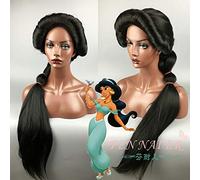LINLINCD Cosplay Wig Princess Jasmine Cosplay Wig Black Long Hair Aladdin and the Magic Lamp Role Play Halloween Braided Hair + Wig Hat