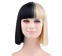 LINLINCD Cosplay Wig Sia Alive Bangs Trim to Eyes Half Black and Blonde Medium Heat Resistant Hair Cosplay Costume Wig + Free Wig Cap