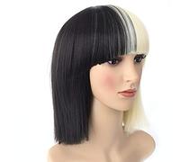LINLINCD Cosplay Wig Sia Wig Half Black Half Blonde Short Straight Flat Bangs Heat Resistant Synthetic Hair Cosplay Wigs + Wig Cap + Big Bowknowts Short Bang Wig Only