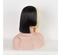 LINLINCD Cosplay Wig Sia Wig Half Black Half Blonde Short Straight Flat Fringe Heat Resistant Synthetic Hair Cosplay Wigs + Wig Cap + Big Bowknowts Only Long Bang Wig