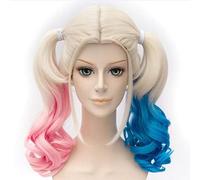 LINLINCD Cosplay Wig Suicide Squad Harley Quinn Wigs Cosplay Peluca Styled Synthetic Ponytail Wig Heat Resistant Hair Wigs + Wig Cap