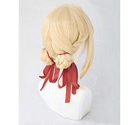 LINLINCD Cosplay Wig Violet Evergarden Ponytail Braid Buns Blonde Hair Heat Resistant Cosplay Costume Wig + Wig Cap + Ribbon with Bun