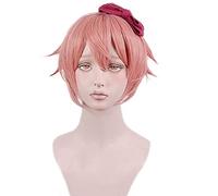 LINLINCD -Doki Doki Literature Club Ddlc. Sayori Short Peach Pink Cos Wig Heat Resistant Hair Cosplay Hair Wigs with Bow Hairpin