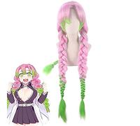 LINLINCD Kanroji Mitsuri Cosplay Wig Anime Demon Slayer Kimetsu No Yaiba Women Green Pink Colourful Hair Braids Hair + Free Wig Cap 594