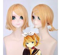 LINLINCD Synthetic Short Blonde Wig Cosplay Vocaloid Kagamine Rin with Two Small Ponytail Female Wigs for Men