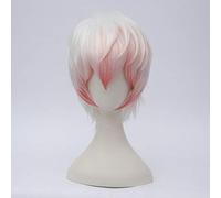 LINLINCD -Wig Anime Cosplay Mystic Messenger Saeran Unknown Cosplay Wig Anime Game Costume Party Wig 30 cm Short Straight Synthetic Hair White and Pink Mixed