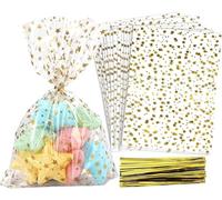 LINMAGCO 100 Pcs Star Printed 6 X 10 inch Gift Wrap Cello Cellophane Treat Bags Clear Candy Cookie Bag Plastic Poly Goodie Storage Bag with Twist Ties for Bakery,Birthday, Wedding,Party Decoration