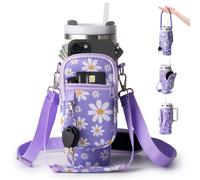 linmaya Water Bottle Carrier Bag with Phone Pocket for Stanley Cup 40/30oz,Insulated Neoprene Water Bottle Holder Cross-body Carrier Bag with Adjustable Shoulder & Handheld Strap (Purple Daisy, 30oz)