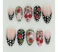 LINMEIZAI 24 Pcs French Tip Press on Nails Short Almond 3D Cherry Fake Nails Press ons Nail Tips Glue on Nails Acrylic Nail Kit with Ladybug Polka Dot Design False Nails Spring Nail Art for Women