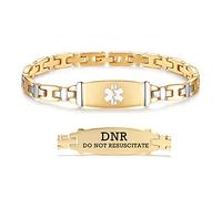LinnaLove 7 1/2 in Lady Medical Alert id Bracelets-Stainless steel Medical bracelets for women with Free engraving-Gold-do not resuscitate