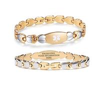 LinnaLove Double Heart Medical alert Bracelet for Women 7 1/2 inches Gold Stainless steel Medical alert bracelets with Free Customize engraving