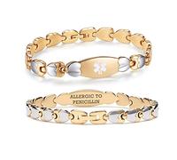 LinnaLove Double Heart Medical alert Bracelet for Women 7 1/2 inches Gold Stainless steel Medical alert bracelets for allergy to penicillin