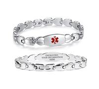 LinnaLove Double Heart Medical alert Bracelet for Women 7 1/2 inches Stainless steel Medical alert bracelets with Free Customize engraving