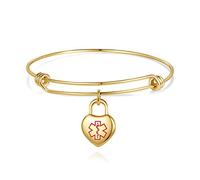linnalove Gold expandable bangle bracelet with medical id charms with engraving NO BP/IV/NEEDLES THIS ARM medical alert bracelets for women