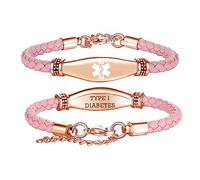 LinnaLove Leather Medical Alert Bracelets for Women - Adjustable Length and Customizable Engraving - Perfect for Women with Medical Conditions (Rose Pink,Type I Diabetes), 7 inches