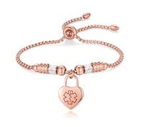 LinnaLove Medical Alert Bracelets for Women Adjustable Stainless Steel Wire Bangle with a Shiny Heart Medical id Charm, Metal, no gemstone