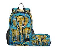LINNIKEEEE Abstract Doodle Blue Elephant Student Backpack & Lunch Bag Set - Durable Lightweight School Bag for Boys Girls