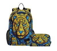 LINNIKEEEE Abstract Doodle Cartoon Tigers Student Backpack & Lunch Bag Set - Durable Lightweight School Bag for Boys Girls