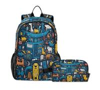 LINNIKEEEE Abstract Doodle Cartoon Walruses Student Backpack & Lunch Bag Set - Durable Lightweight School Bag for Boys Girls