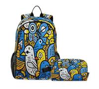 LINNIKEEEE Abstract Doodle Cute Parrots Student Backpack & Lunch Bag Set - Durable Lightweight School Bag for Boys Girls